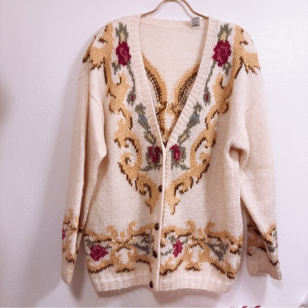 Vintage EXPRESS Handknitted Mohair Blend English Rose Floral Print Cardigan